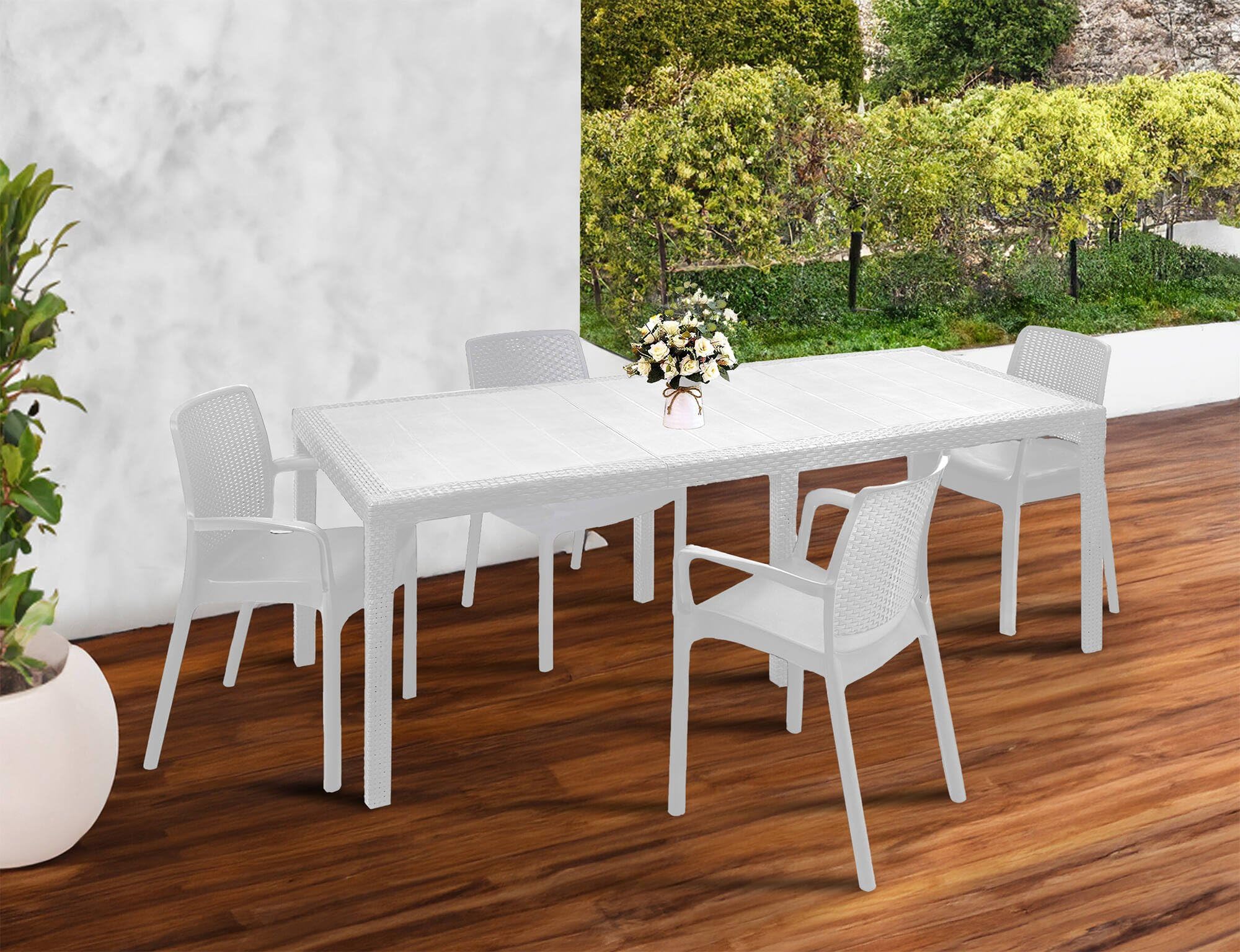 Dmora Set salotto da esterno Manarola, tavolo allungabile con 4 sedie, effetto rattan, Made in Italy, Bianco