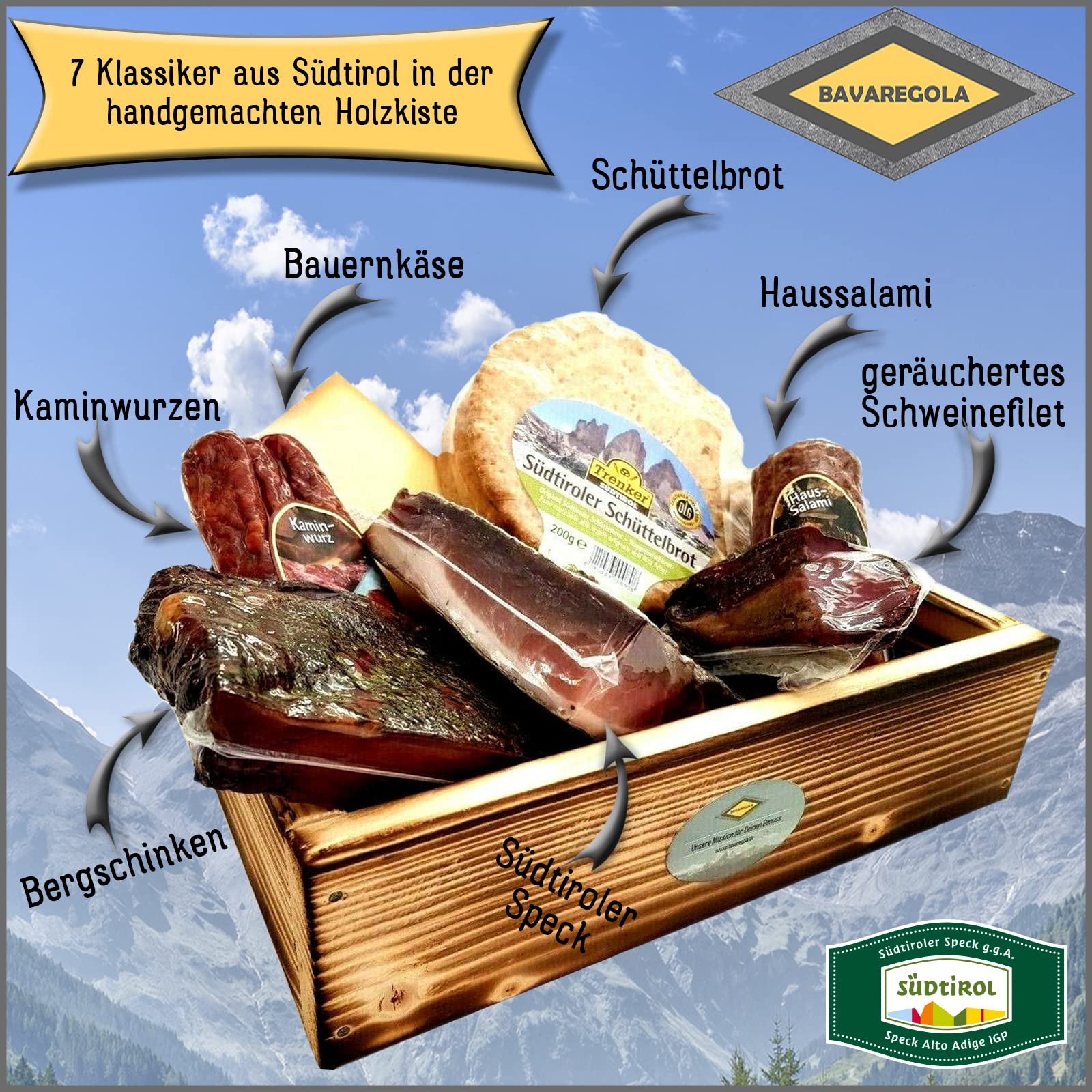 Südtiroler Geschenkset mit 7 Spezialitäten - Präsentkorb gefüllt mit Speck, Käse, Salami
