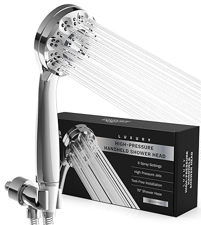 Hand Held Shower Head 6 Spray Settings High Pressure Shower Head with 70 Inch Hose for Bath - Easy Install with Anti Clog Jets - Detachable Universal Fit for High and Low Water Flow (Chrome)