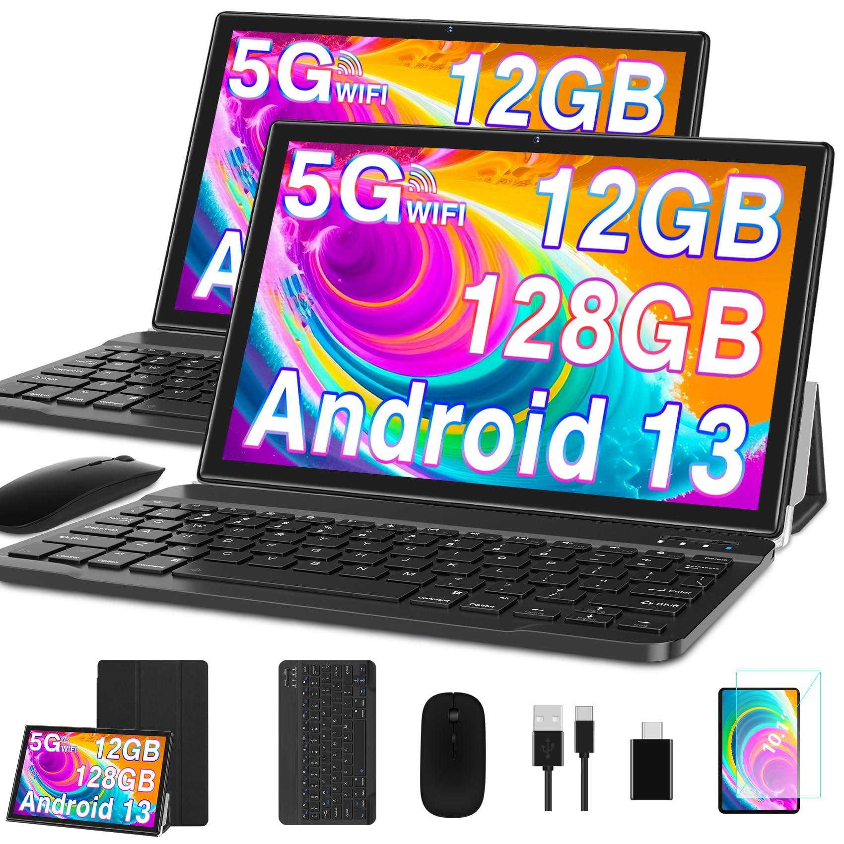 GoodTel 2024 Newest Android 13 10  12GB RAM+128GB ROM 1TB TF, 5G WiFi, GPS, BT5.0, 6000mAh Battery, 8+5MP Dual Camera, Type C, OTG,  PC with Case, Keyboard and Mouse - Black