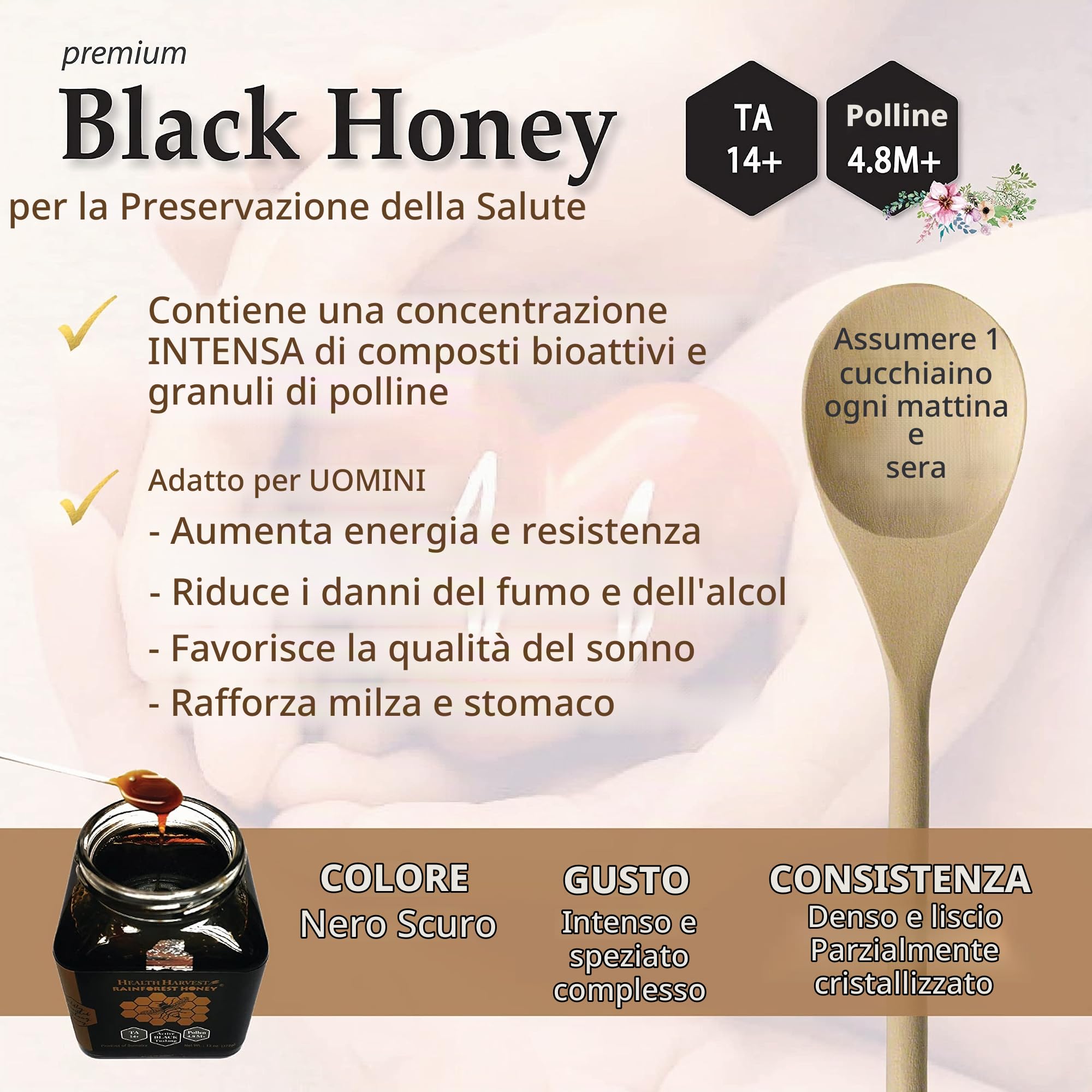 Premium Tualang Black Honey 375g (TA 14+, conteggio polline 4,8M+, varietà polline 150+) Scelta intensa per uomini Conservazione, crudo, non pastorizzato, non filtrato