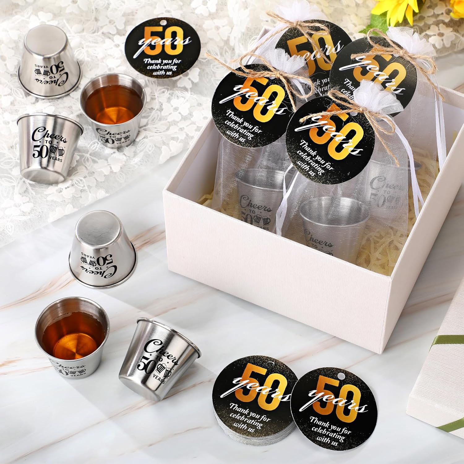 50 Sets 50th Birthday Party Favors for Guests Souvenir Shot Glasses Cheers to 50 Year Stainless Steel Shot Glasses Thank You Tag Organza Bag Twine Birthday Gift for Anniversary Wedding Shower - Image 5
