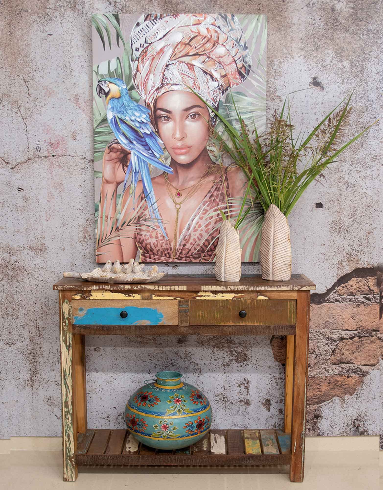 Grande Consolle in Legno Esotico, Collezione Sinaloan, Aspetto Antico e Spogliato, L 80 cm