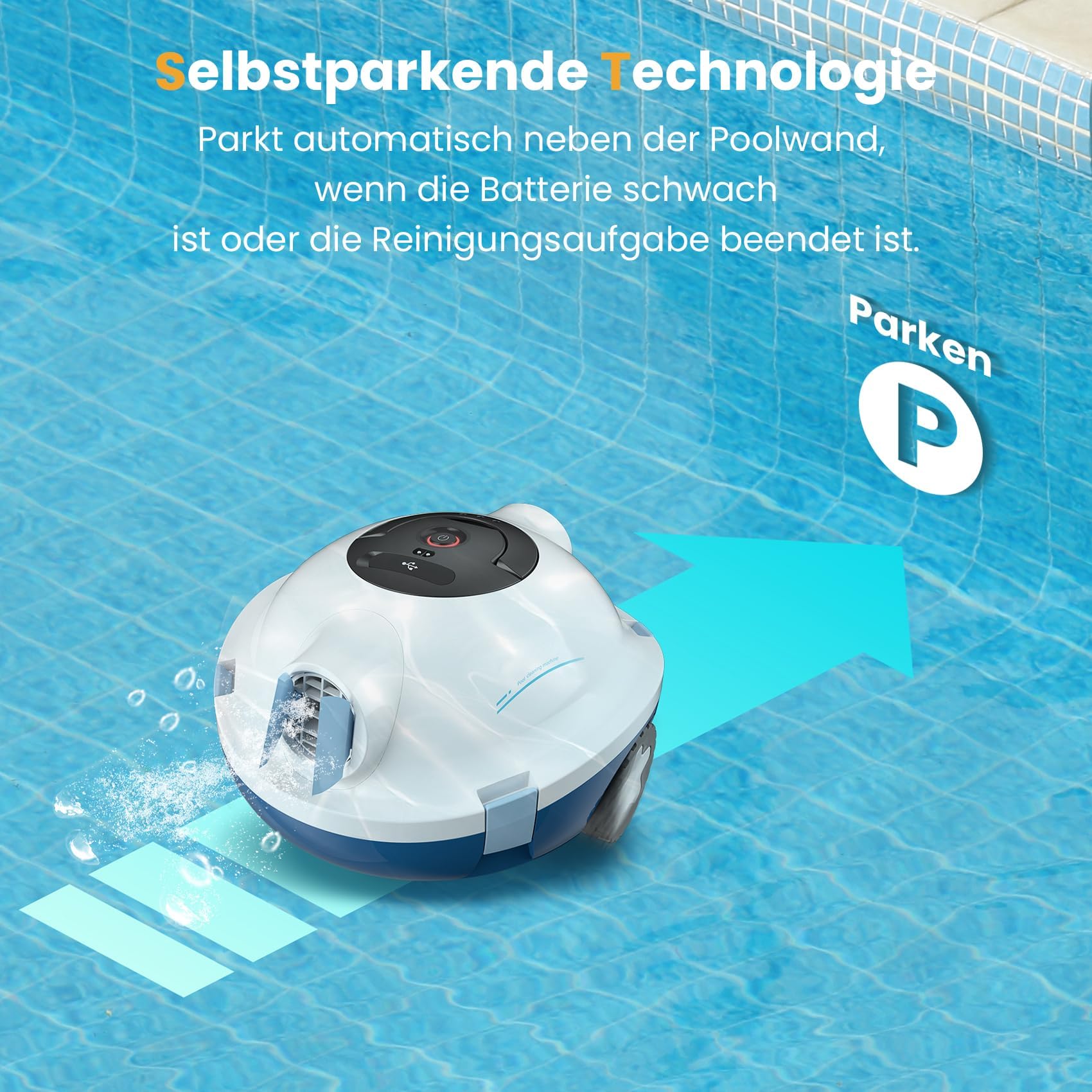 Poolroboter, kabelloser Poolsauger, Schnurloser Roboter-Poolreiniger, automatischer, leistungsstarker Poolsauger, 120 Minuten Laufzeit, selbstparkend, ideal für Flache Böden bis 100 m²(Weiß)