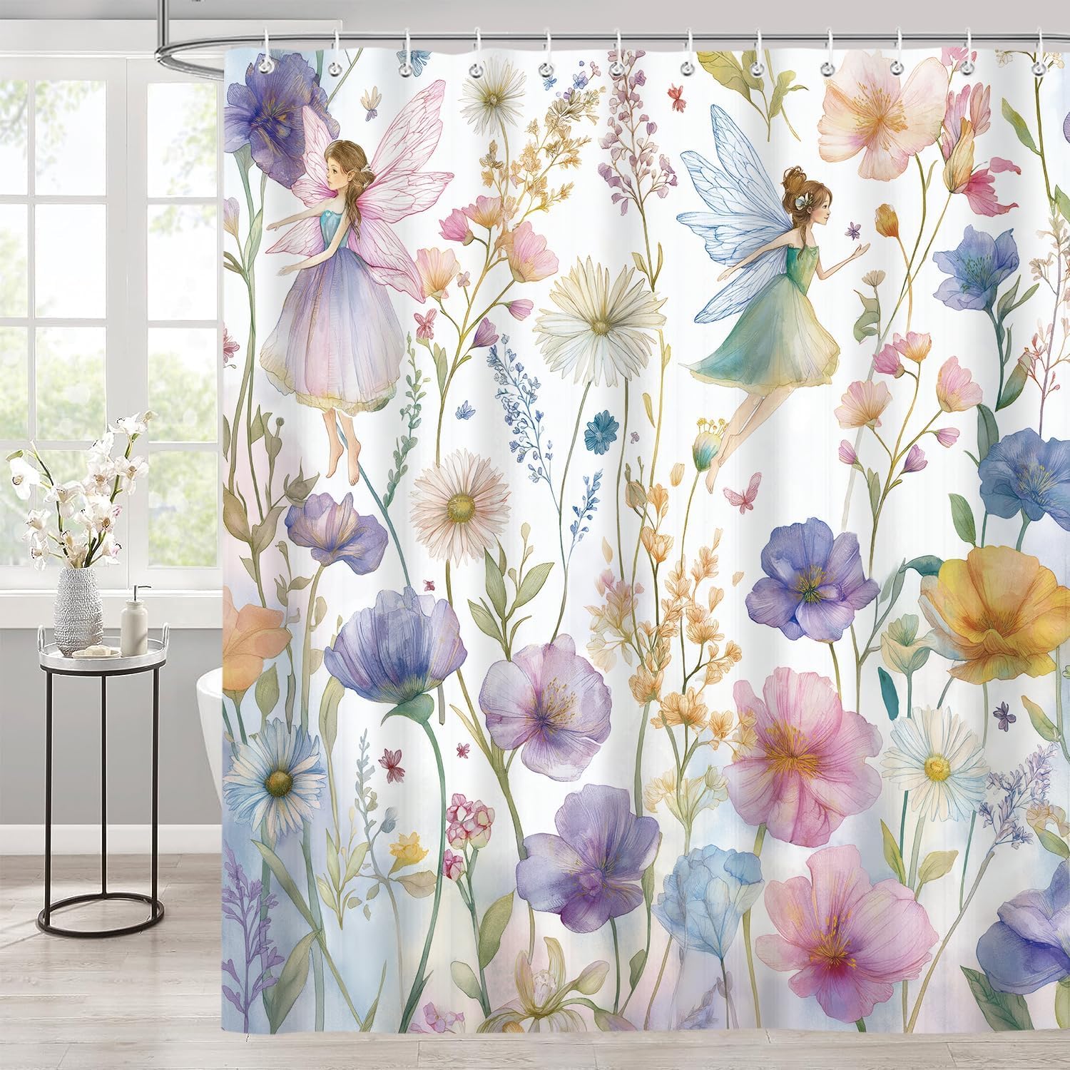 GLKSDLPO Watercolor Floral Shower Curtain, Fantasy Cartoon Wonderland Fairy Girl Dreamy Garden Waterproof Fabric with 12 Hooks Bathroom(240x175cm/94x69in(WxH)