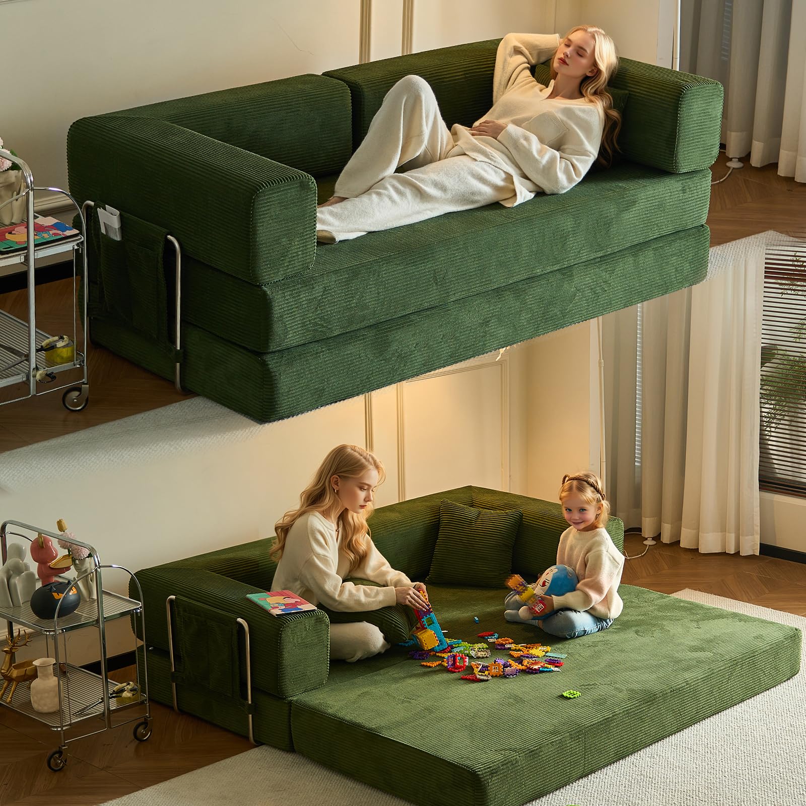 IHDKO 41" Folding Sofa Bed - Corduroy Convertible Couch With Backrest & Pillow (Beige) - View #3