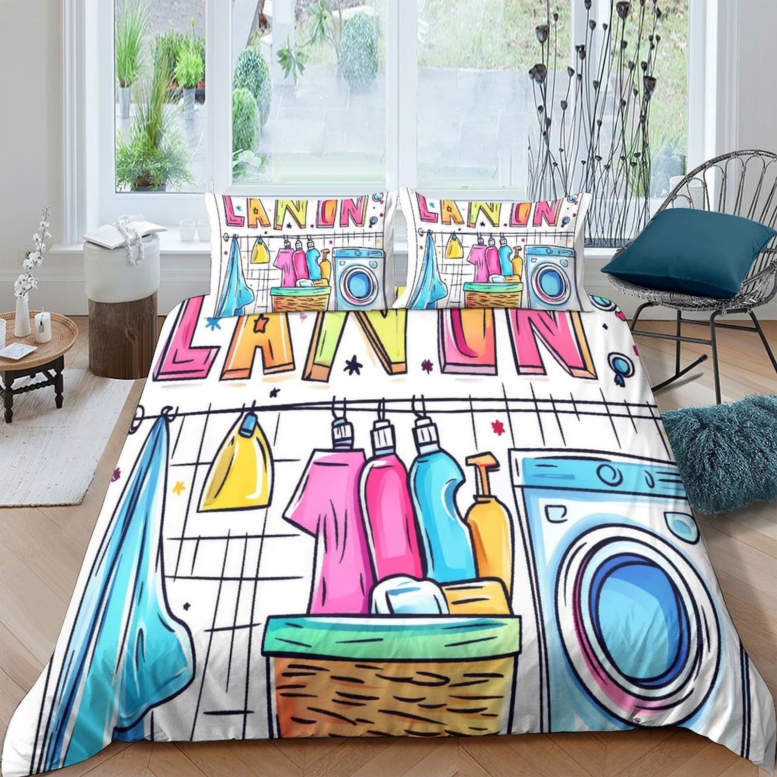 Ctjqhvkz Style-5 3D Printed Laundry Room Fitted Sheet Microfiber Cartoon Washing Machine Bed Cover For Adult Teen Bedroom Decor Single（135X200cm）
