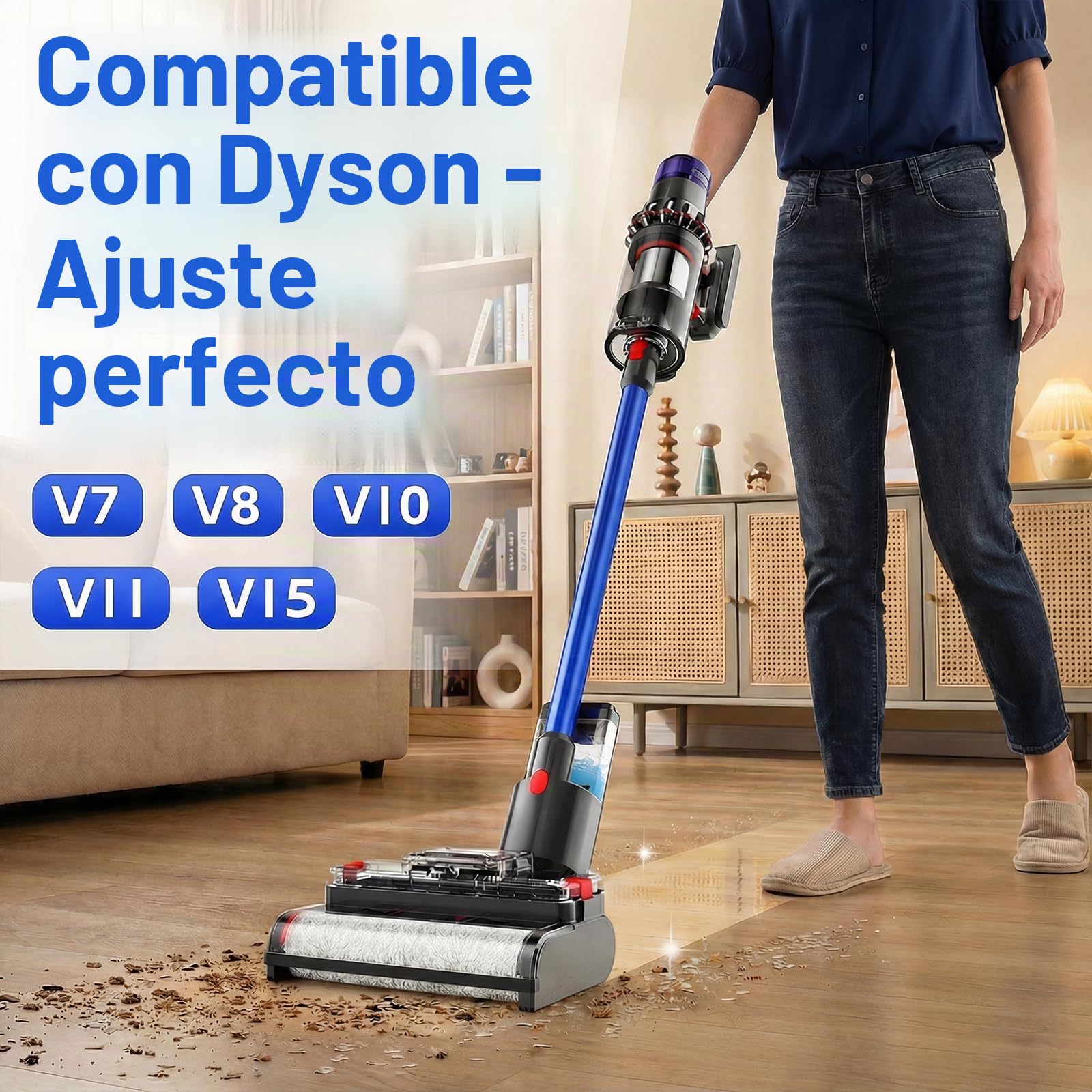Cepillo limpiador compatible con aspiradoras Dyson V7/V8/V10/V11/V15, 2 en 1, fregona eléctrica con depósito de agua limpio y sucio, al mismo tiempo aspirar y limpiar, negro