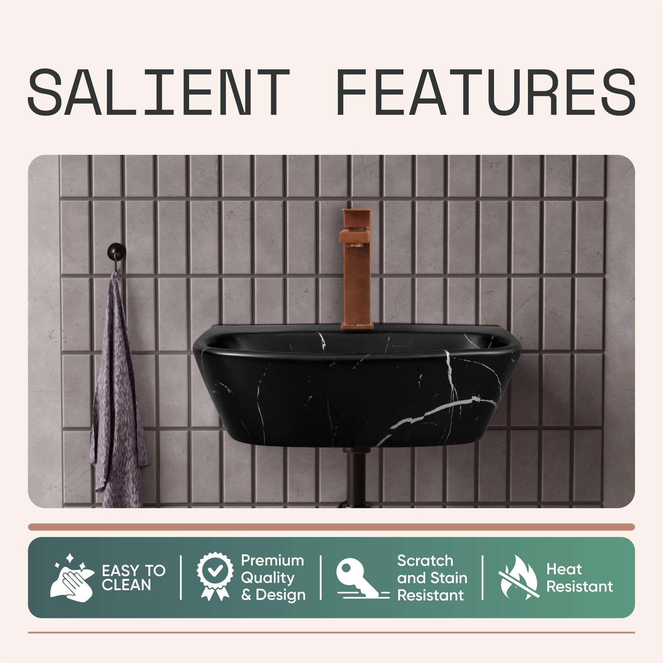 HISRE Wall Mount Wash Basin 17 x 12 x 5 Inch | Black Grey Marble Finish Ceramic Sink | Modern Rectangular Bathroom Basin for Home, Office, and Hotels, photo 3 of 5