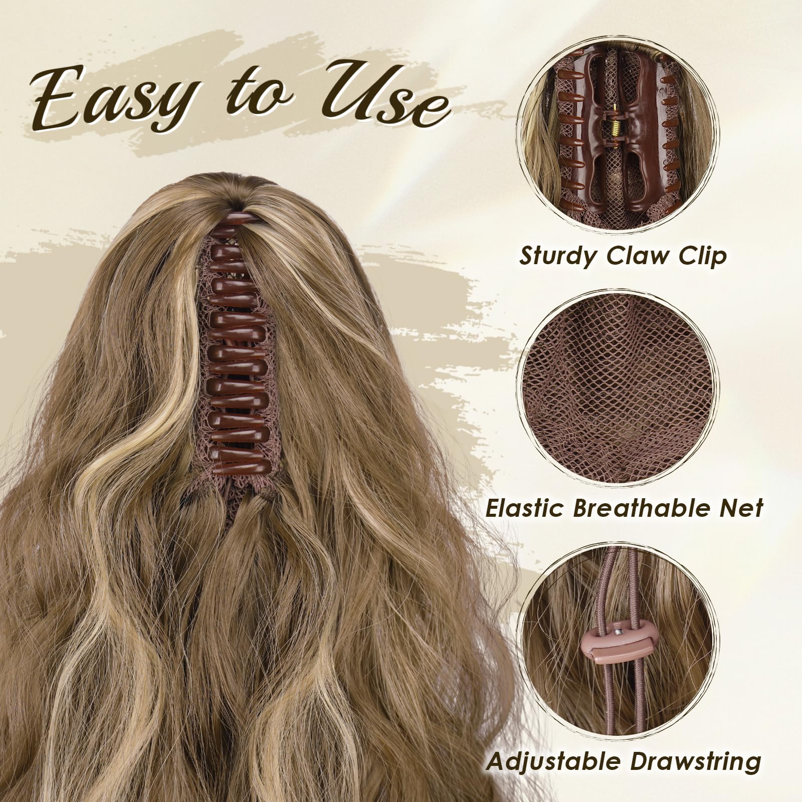 FESHFEN Claw Clip Ponytail Extensions, Long Pony Tail Hair Piece Wavy Curly Synthetic Hairpieces for Women Light Brown & Blonde 26 inch - Image 3