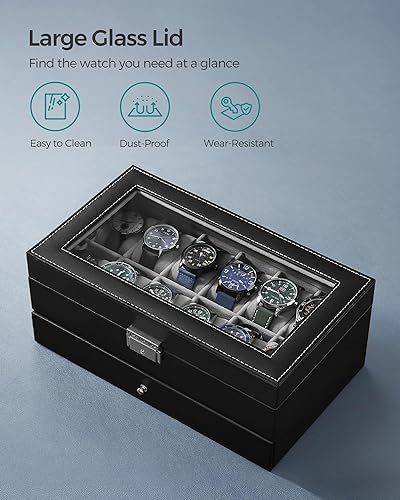 Miniatura 5 de SONGMICS Caja de reloj, Organizador de 12 relojes de hombre, Joyero con cerradura y llaves, Negro UJWB012