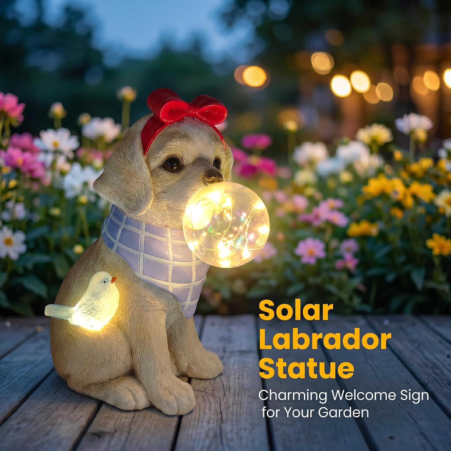 Solar Garden Dog Statue, Detachable Ground Stake, Light Brown Resin Labrador Puppy with LED Bubble and Bird, Waterproof Yard Decor for Patio, Lawn, Porch, Pathway, and Gift Giving