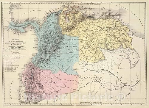 Mapa histórico Colombia Venezuela, 1840 Mapa de Venezuela, Cundinamarca y Ecuador, Arte de pared vintage 44 x 32 pulgadas