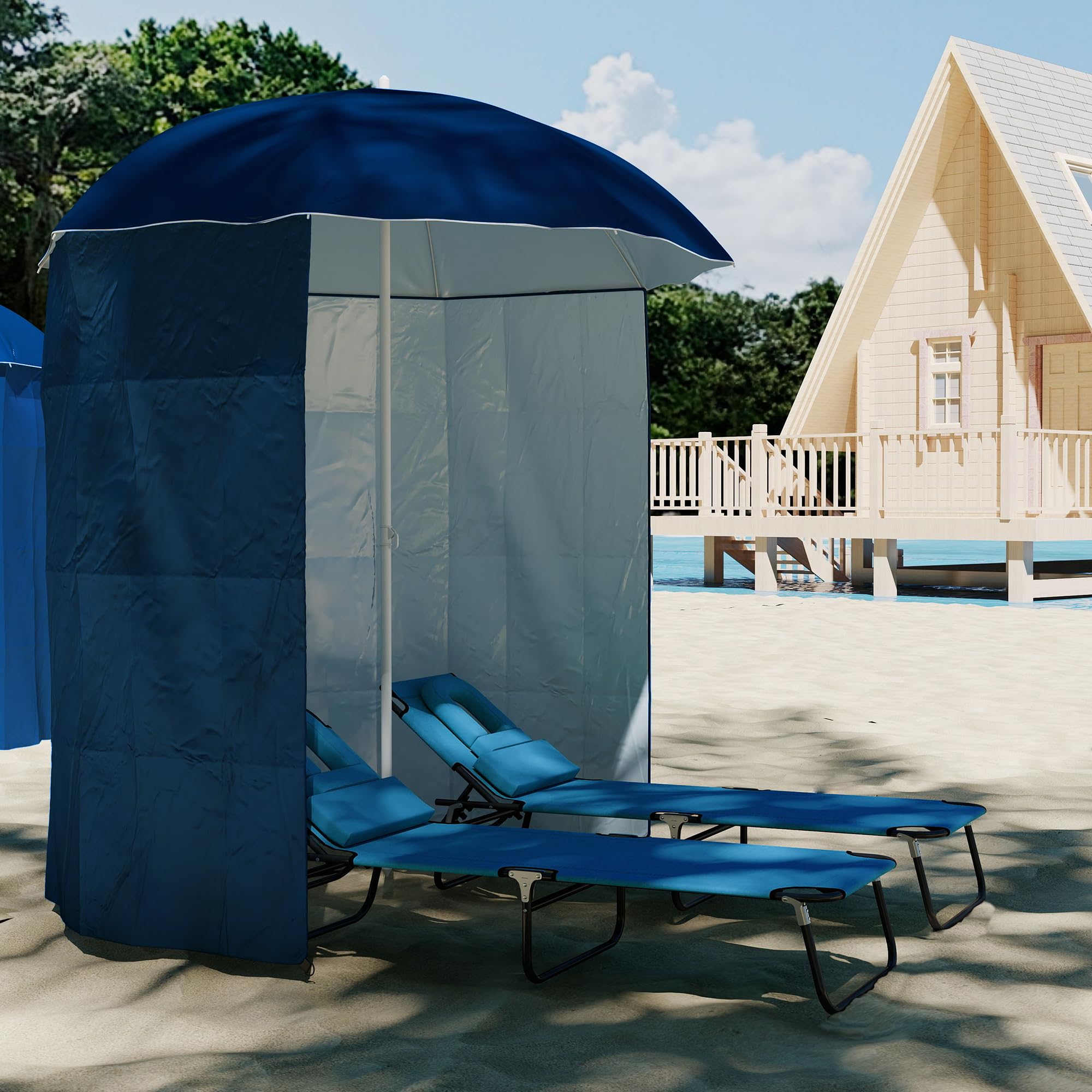 Outsunny Sombrilla de Playa con Panel Lateral Ø220x220 cm Parasol para Terraza con Apertura Manual 8 Varillas de Acero y Bolsa de Transporte para Jardín Piscina