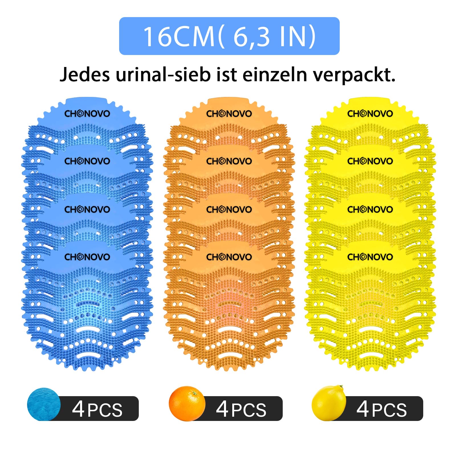 12 Urinalsieb Mit Duft, Spritzschutz, Lufterfrischer Einzeln Verpackt für WC, Gästebad, Bad, Öffentliche Toiletten - 4 Meeresbrise, 4 Zitrone, 4 Orange