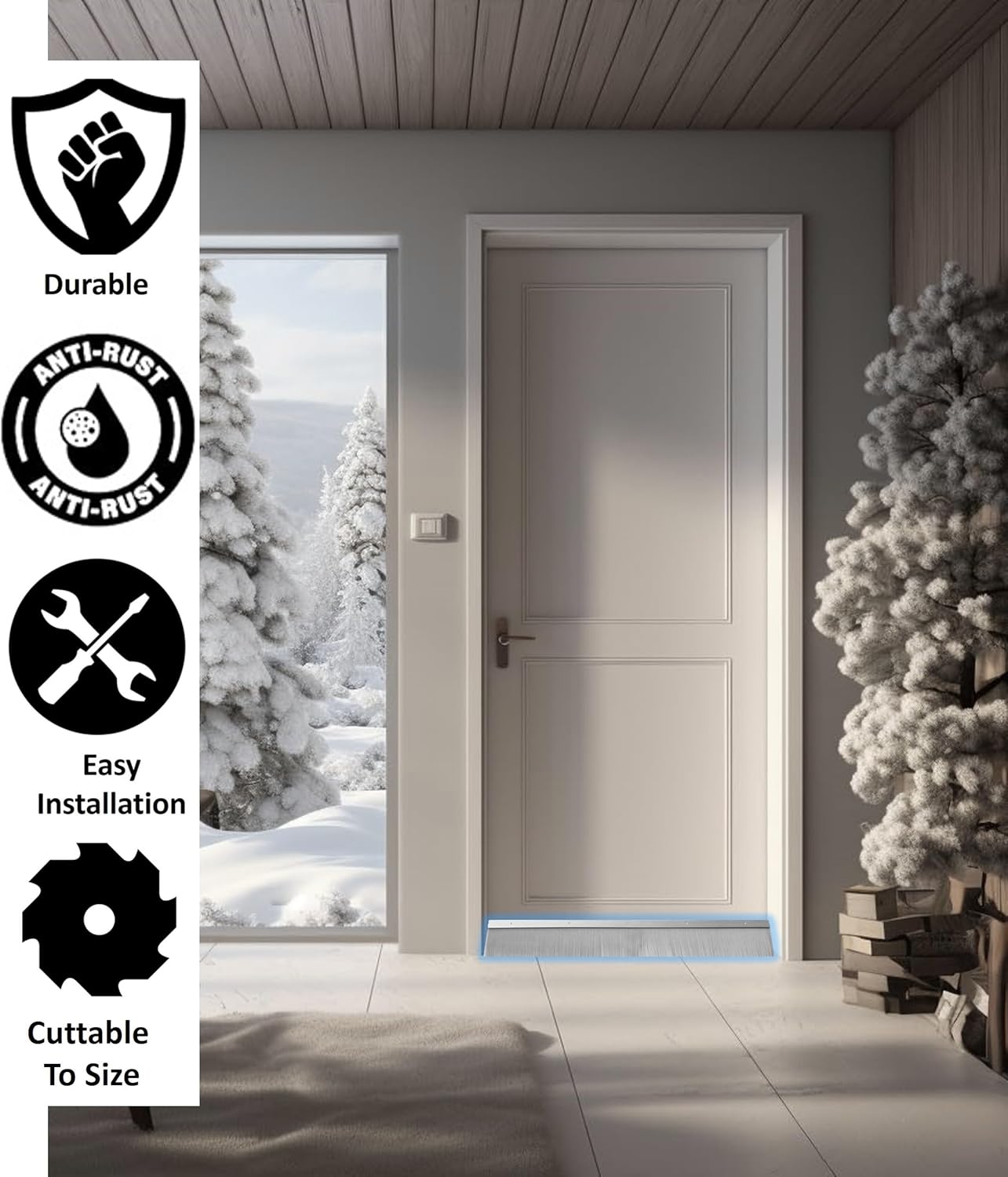 TMH Door Brush Sweep - 3 Inch Brush x 60 Inches Long Under Door Draft Stopper, Weather Stripping Door Seal - Aluminum