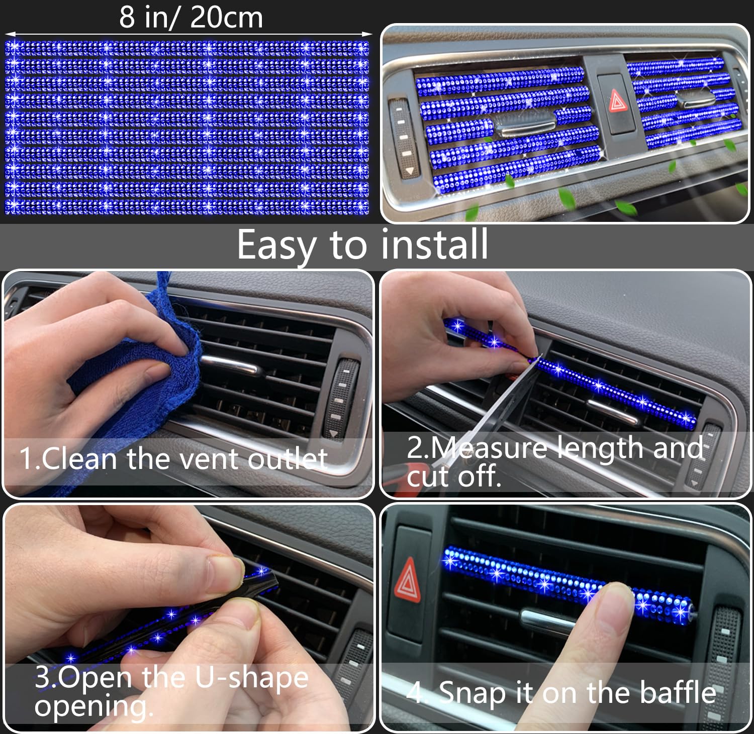 NBTEPEM Set di 27 accessori per auto blu da donna, coprivolante luccicante, universale, misura 38 cm, cornice per targa con strass, supporto per telefono, sottobicchieri per auto (diamante blu)