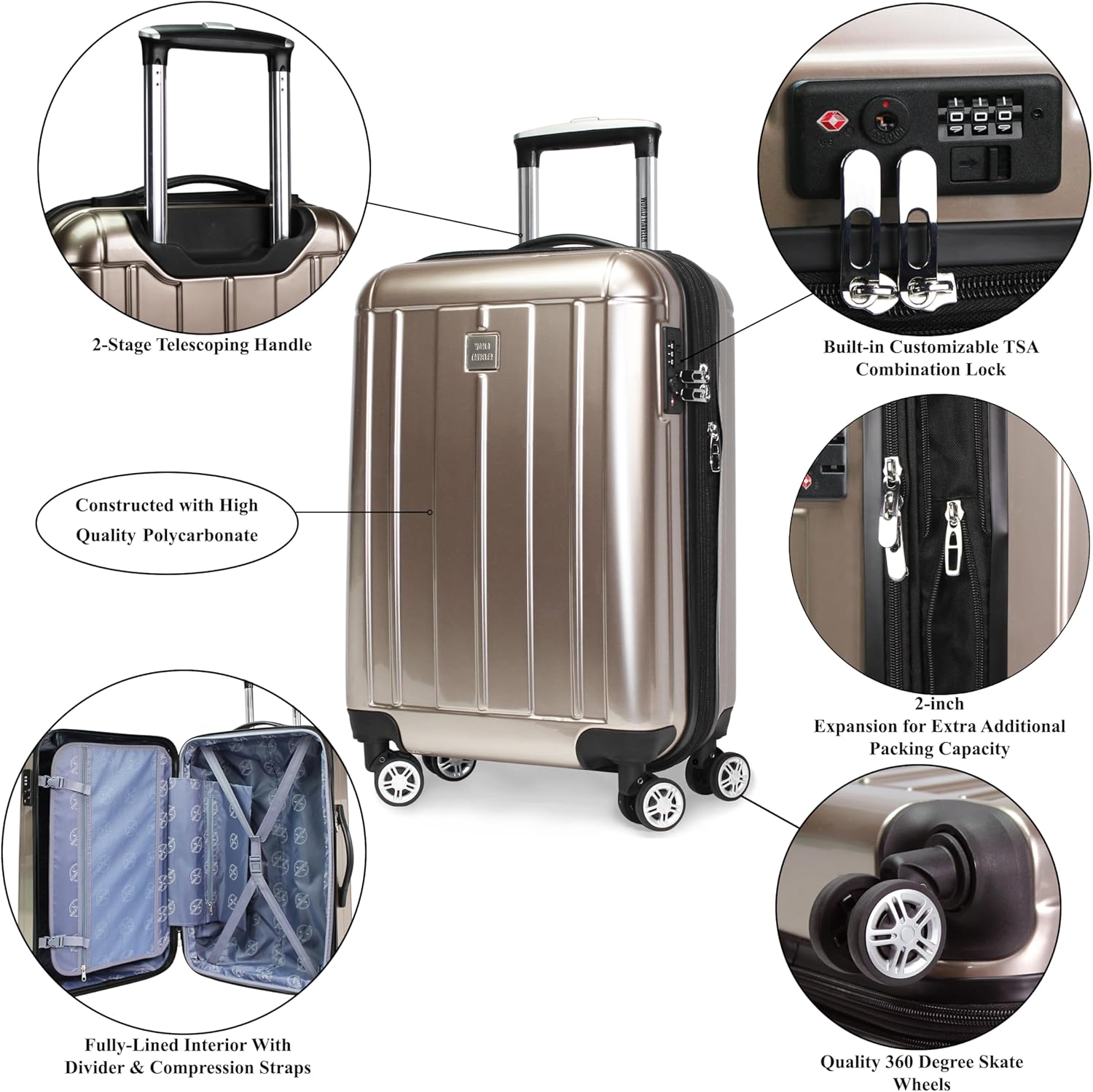 World Traveler Contour Hardside 3-Piece Spinner Luggage Set with TSA Lock - Champagne