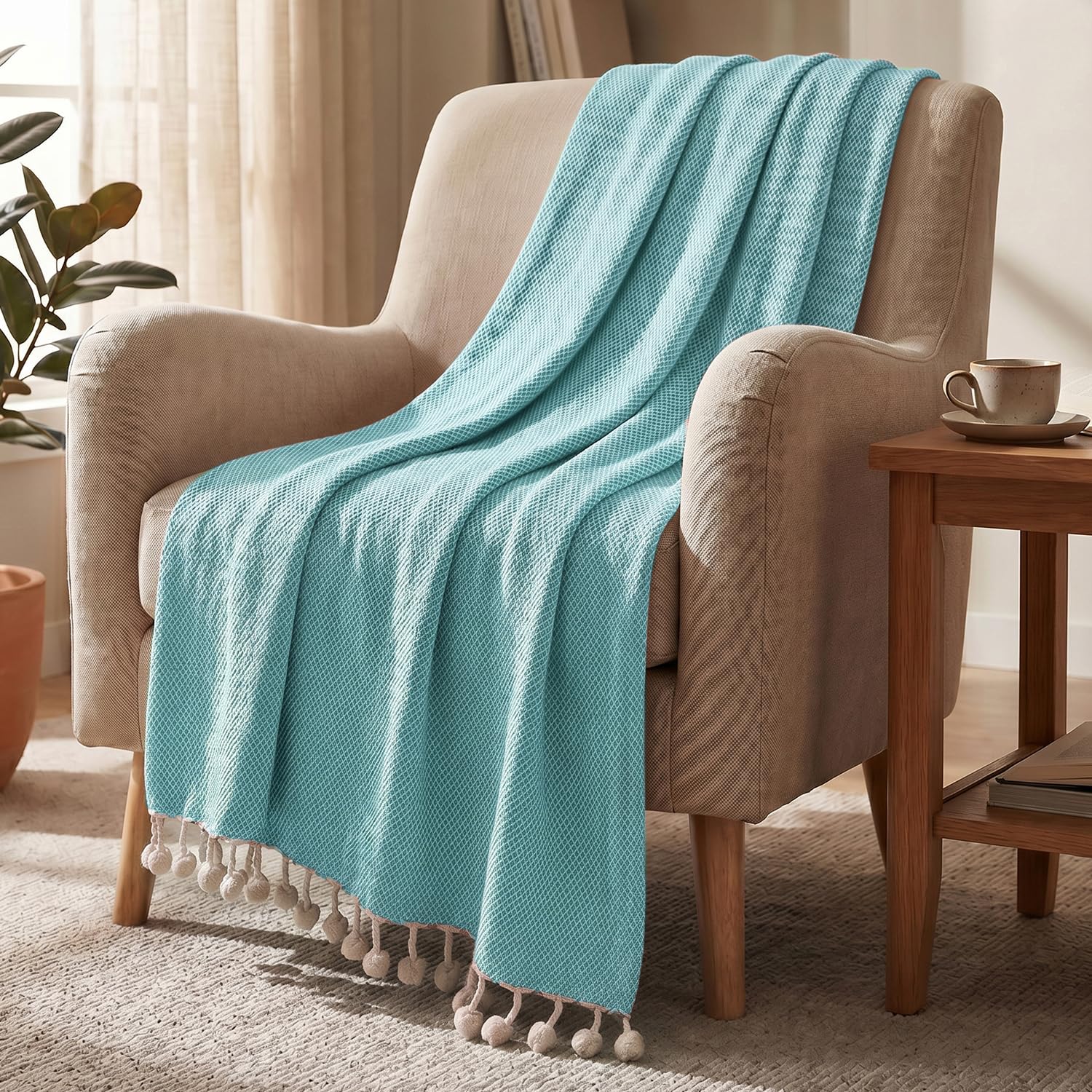 HOKIPO Lagoon Mist Knitted Cotton Sofa Throw 50x60 Inches with Decorative Pom Pom Tassels for Elegant Living Room Sofa Bed, Chairs, 'Oasis Palm' Series (IN-1136-AQUA)-image-44