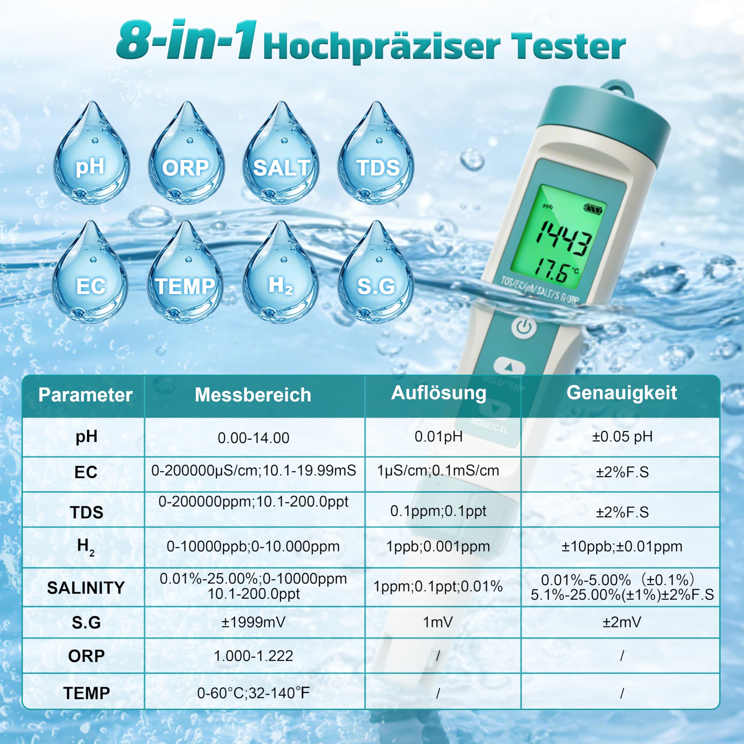 Digitaler Wasserqualität Tester, 8 in 1 PH Messgerät, misst pH ORP Salzgehalt TDS EC Temperatur für Pool Aquarium Hydroponik