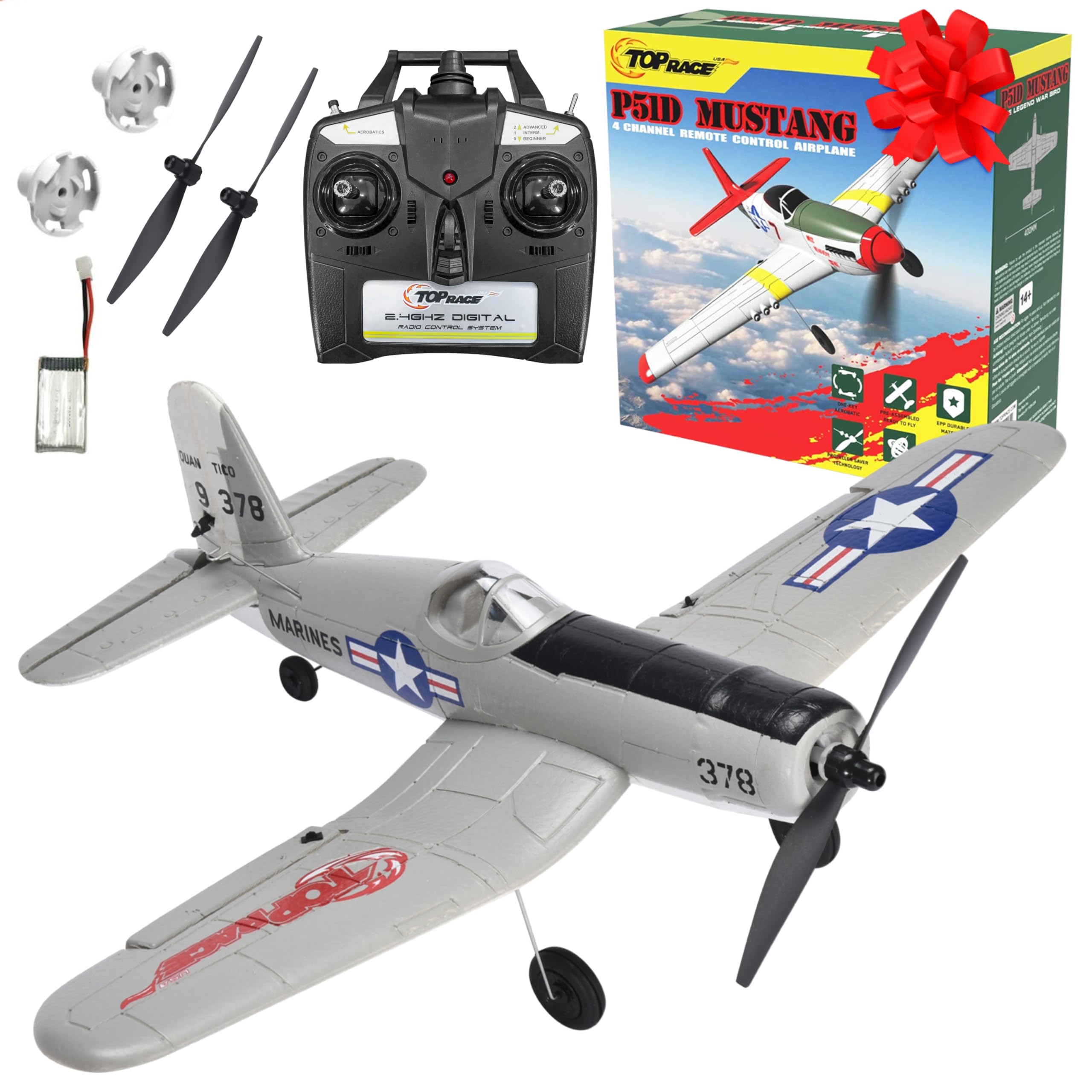 top race remote control airplane - ready to fly 4 channel rc plane for adults - advanced foam construction - remote controlled war cessna p51 mustang upgraded with propeller saver - 4.3"x15.7"x11.8"