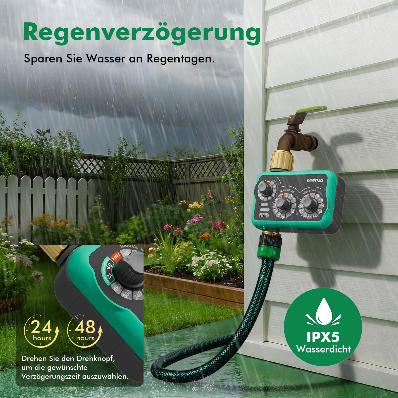 RESTMO Mechanischer Bewässerungscomputer mit 3 Drehreglern, Messing Einlass & Auslass, Zeitschaltuhr für Gartenschlauch, automatisches Tropfbewässerungssystem, bis 480 min, einfache Einrichtung