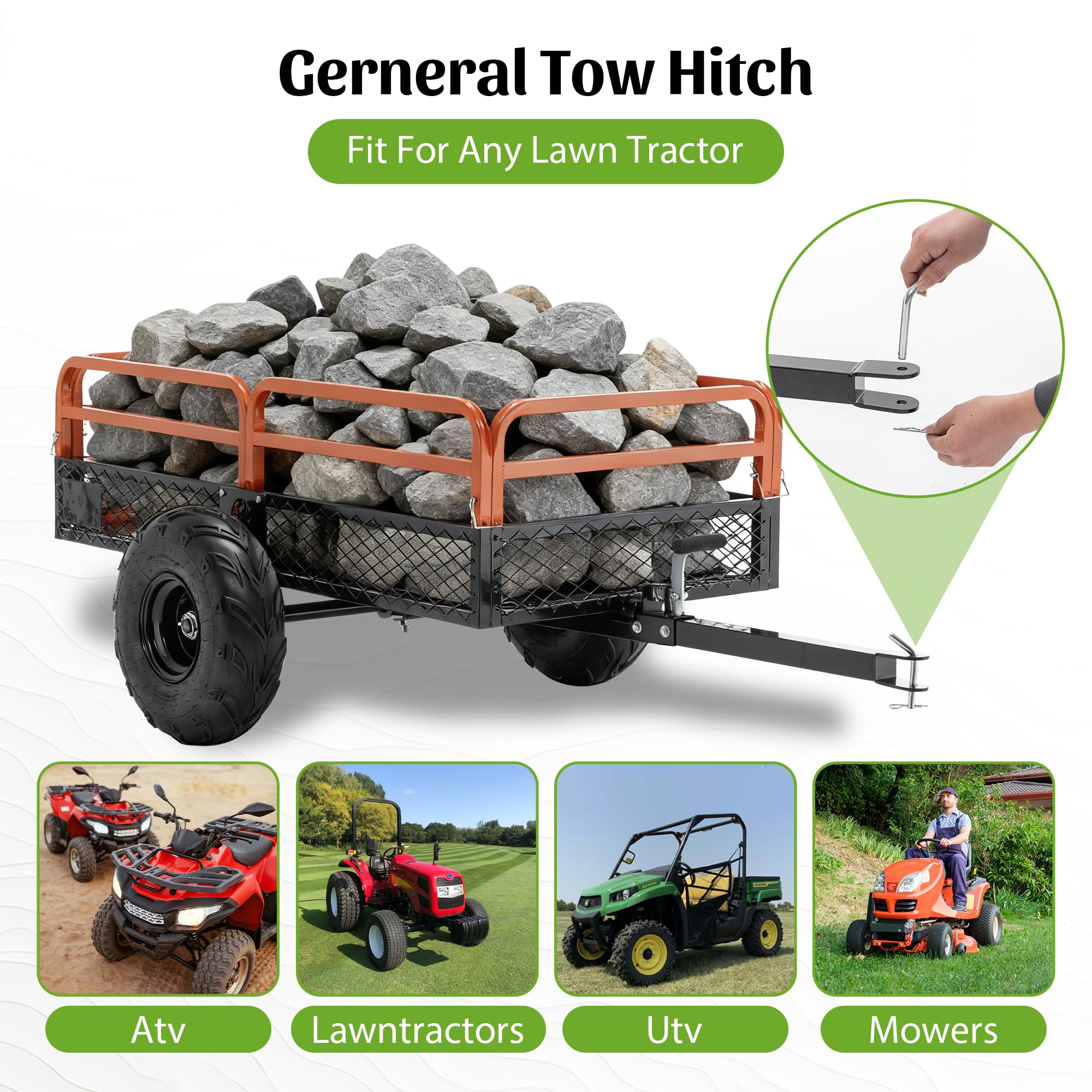 Remolque de carro de descarga resistente de 1500 libras de capacidad de 15 pies cúbicos con descarga de doble control para ATV UTV tractor cortacésped de giro cero, neumáticos todo terreno y