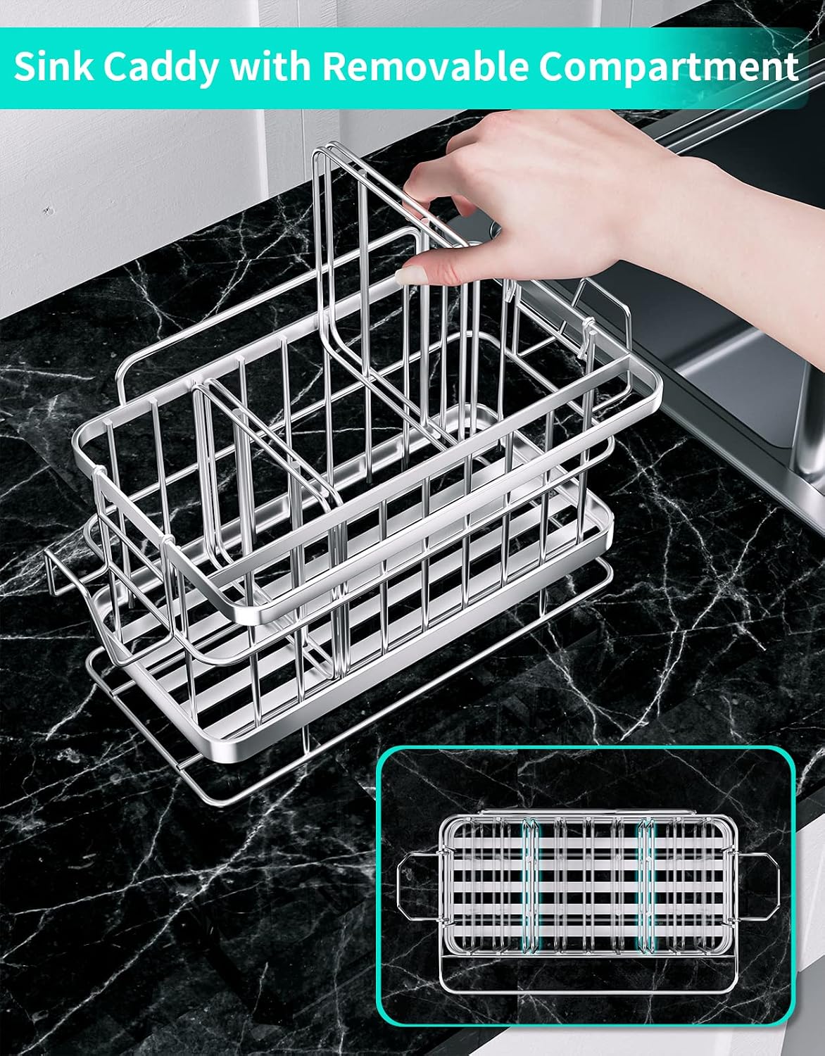 HapiRm Sink Caddy with Adjustable Partition Grid, Drain Tray Kitchen Sink Organizer, SUS304 Stainless Steel Wall Mounted and Countertop Dual-Use Sponge Holder for Kitchen Sink-Silver