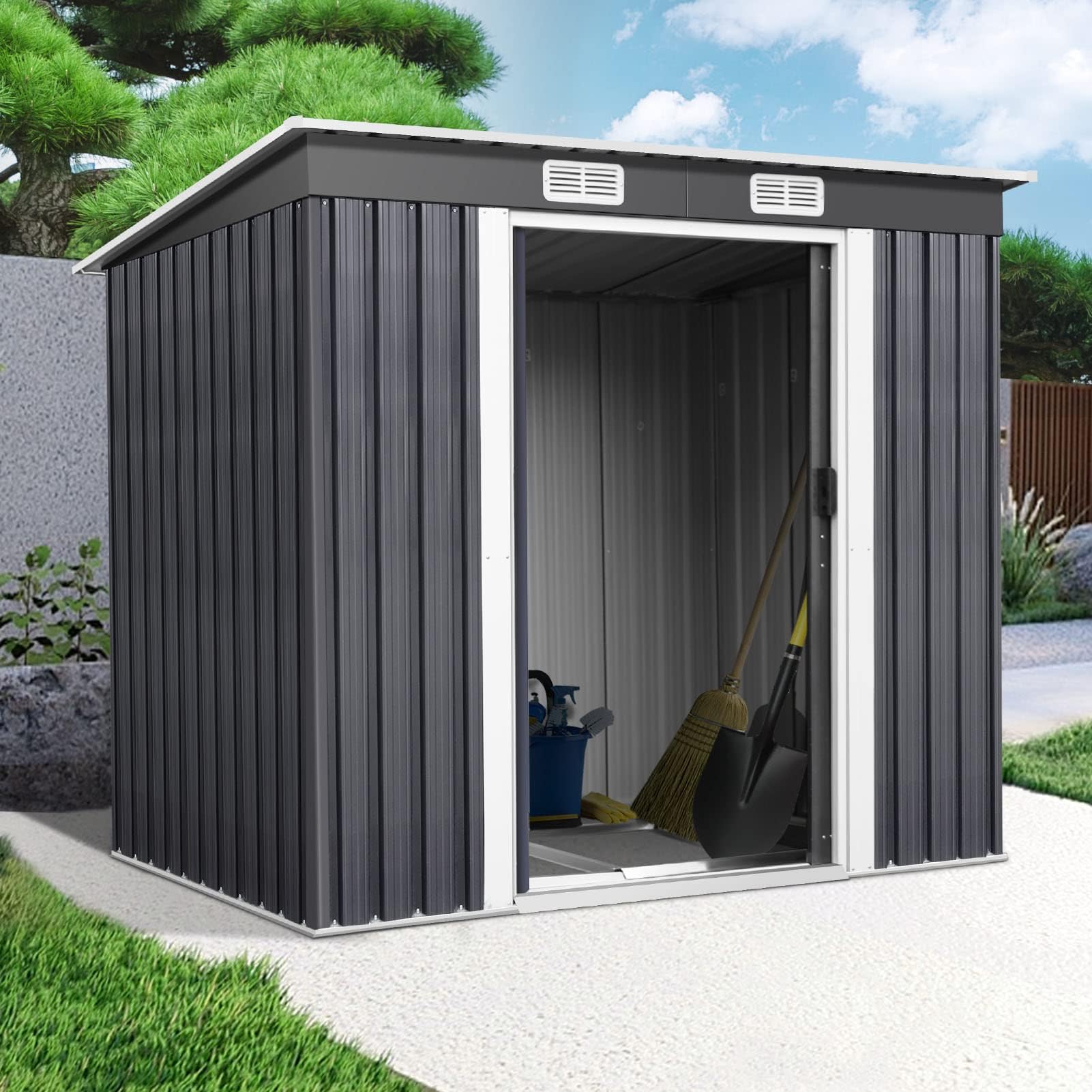 Mutiwill 7x4ft Metal Garden Shed Outdoor Storage Bike Sheds with Lockable Sliding Doors, Vents and Base Frame, Outside Store Tool House for Backyard, Patio, Lawn, Dark Grey