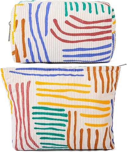 SOIDRAM Bolsa de maquillaje grande de pana de 2 piezas, bolsa de cosméticos de lona, capacidad a rayas, bolsa de aseo de viaje, organizador de