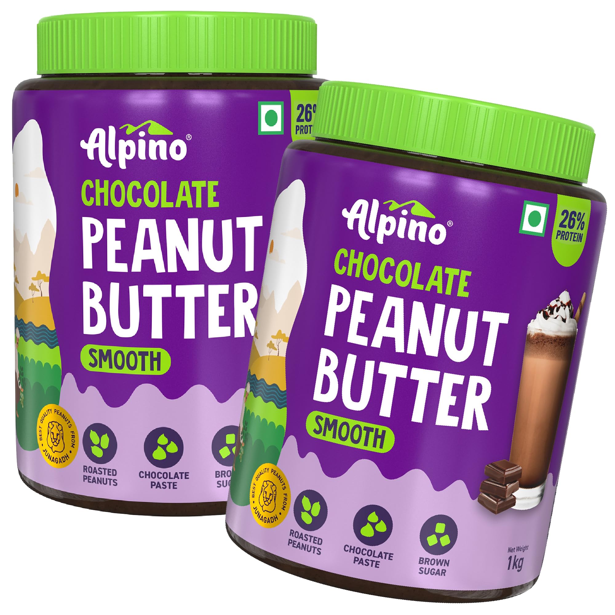 ALPINO Chocolate Peanut Butter Smooth 2kg (1kg Pack of 2) - Roasted Peanuts, Brown Sugar & Sea Salt - 26% Protein, Source of Healthy Fats