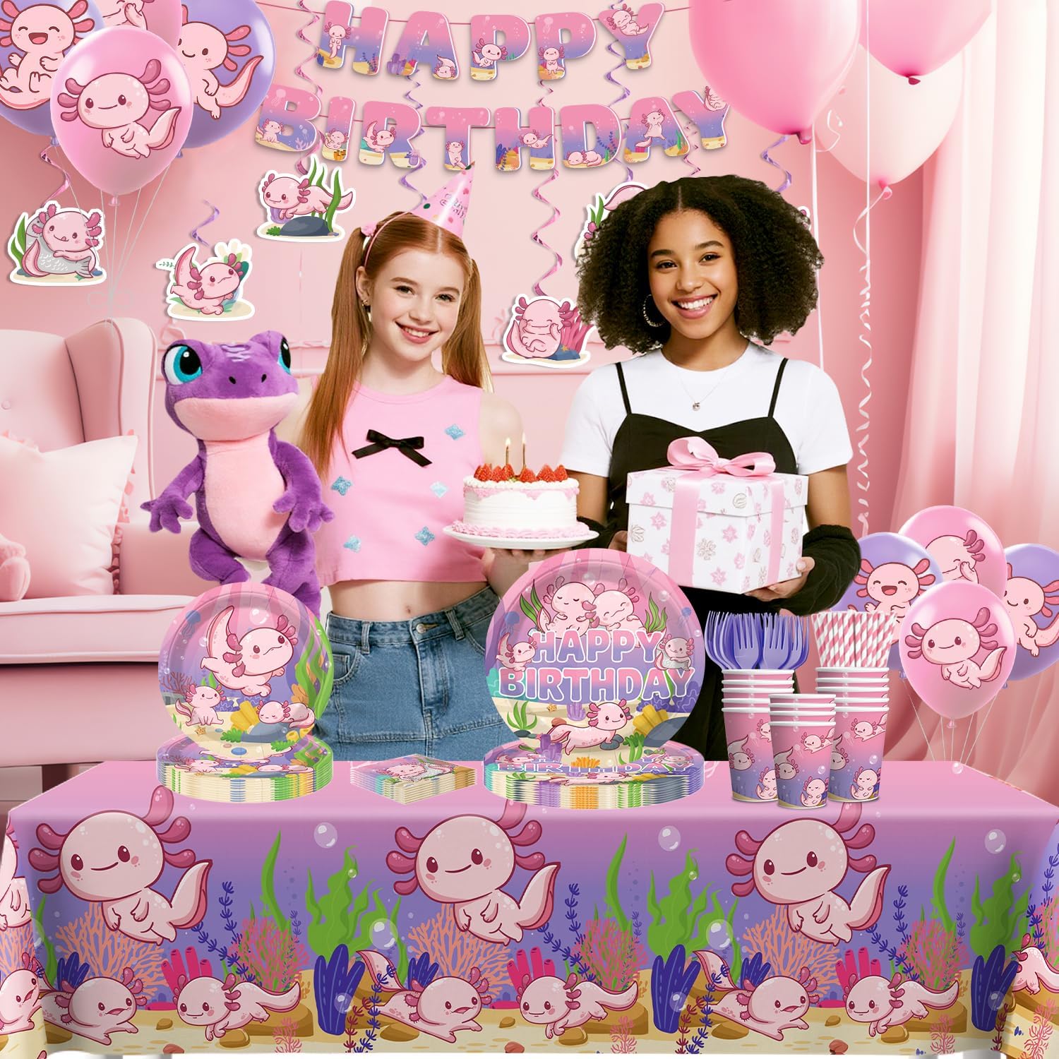 Axolotl Birthday Decorations Pink Axolotl Party Decorations Cake Cupcake Topper Balloons Banner Plates and Napkins Serve 50, Table Cloth Axolotl Party Supplies for Girls Cartoon Fun Animal Party