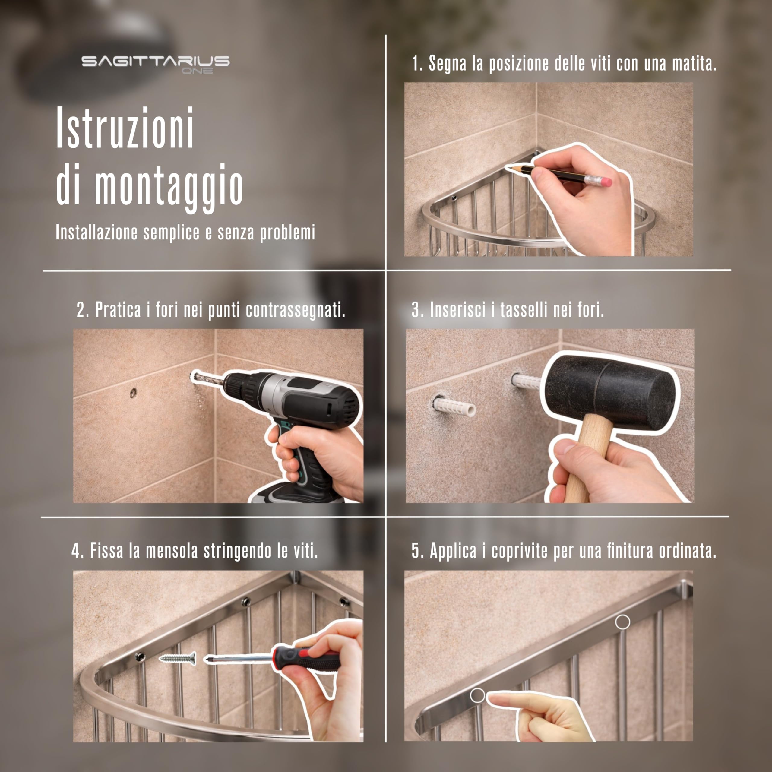 Sagittarius 80S1 Portaoggetti Angolare per Doccia – Organizzatore in Acciaio Inossidabile SUS 304 Lucidato, Scaffale 8 cm Profondità, Cromo
