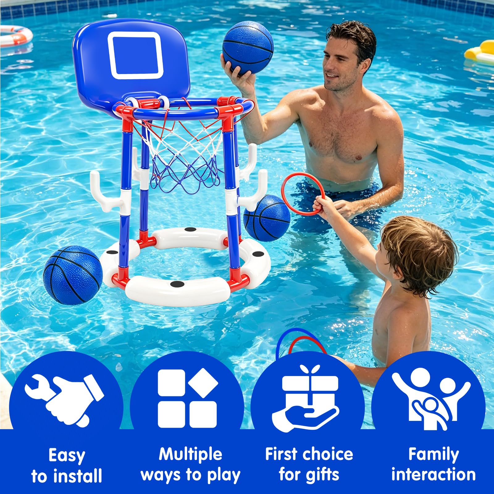2-in-1 Schwimmender Pool-Basketballkorb und Ringwurfspiel-Set für Kinder und Erwachsene | Schwimmspiel, Wasserspielzeug, Pumpe inklusive, Familienspaß, Sommeraktivität, Indoor Outdoor, Partyspiel