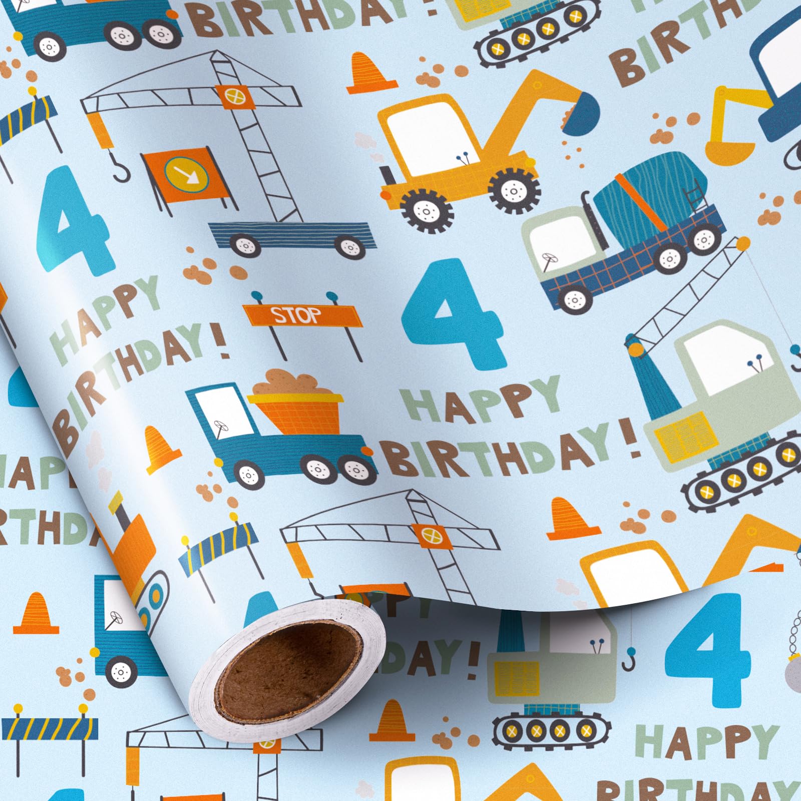 RUSPEPA 4th Birthday Wrapping Paper for Boy - Mini Roll - Blue Cartoon Cars Trucks and "Happy Birthday" Text Pattern- 43.2cm x 5m - 4 Years Old
