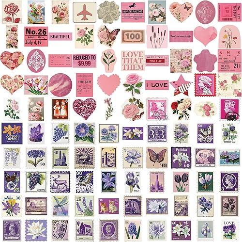 Miniatura 2 de 100 PCS Vintage Pink&Purple Stickers, Aesthetic Sticker for Journaling Scrapbook Water Bottles, Waterproof Vinyl Coquette Art Decals for Bullet
