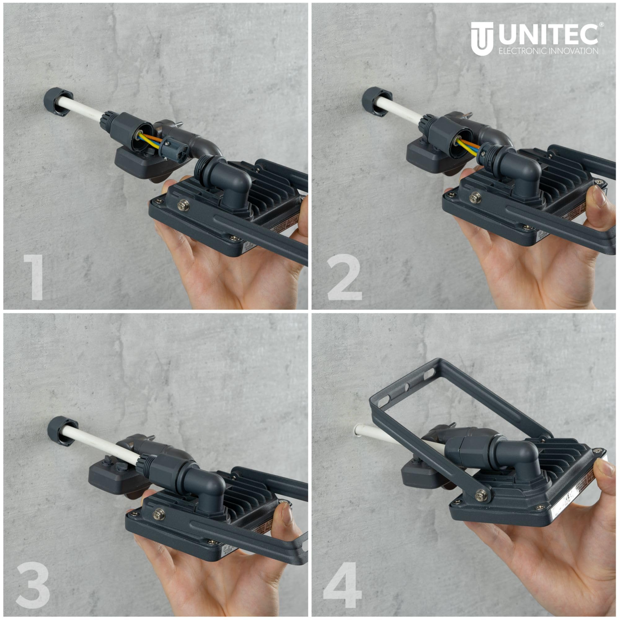 UNITEC Reflektor LED z czujnikiem ruchu na podczerwień 180° 50 W, 4000 lumenów, w zestawie przyłącze kablowe, 6500 K, antracyt, IP44, odlew ciśnieniowy aluminium, bezpieczne szkło, klasa efektywności energetycznej A+