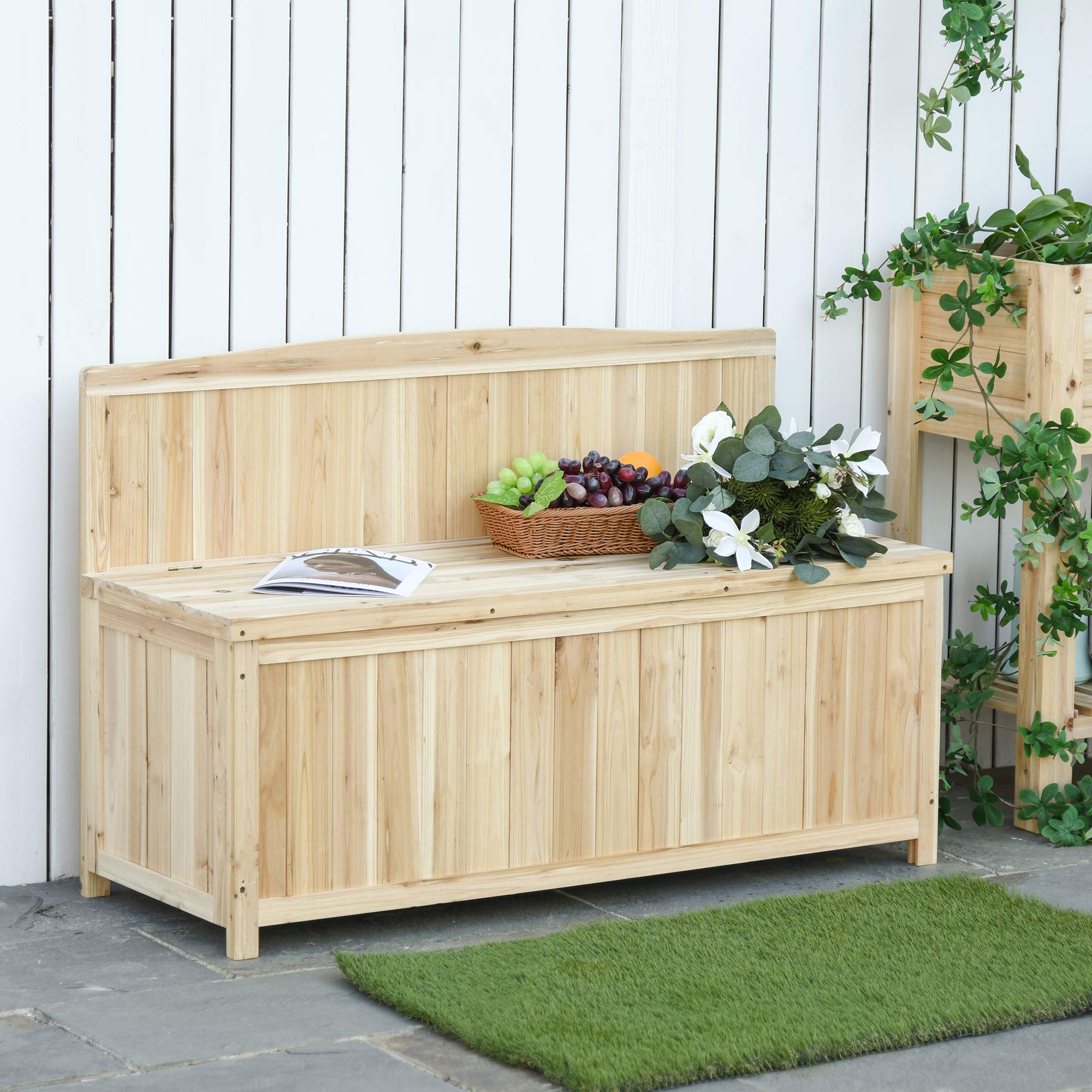 Outsunny Banco de Jardín de Madera Banco de Exterior 115x45x75 cm Natural | Caja de Almacenaje, Respaldo, Carga 250 kg, para Patio Terraza Balcón