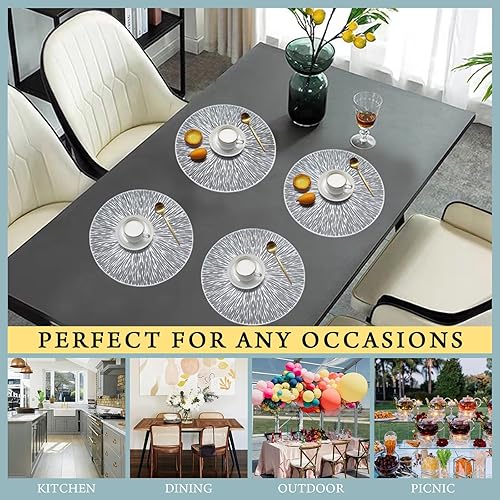 Miniatura 6 de FAVE Juego de 4 manteles individuales redondos plateados de vinilo antideslizantes, lavables para interiores y exteriores, manteles individuales