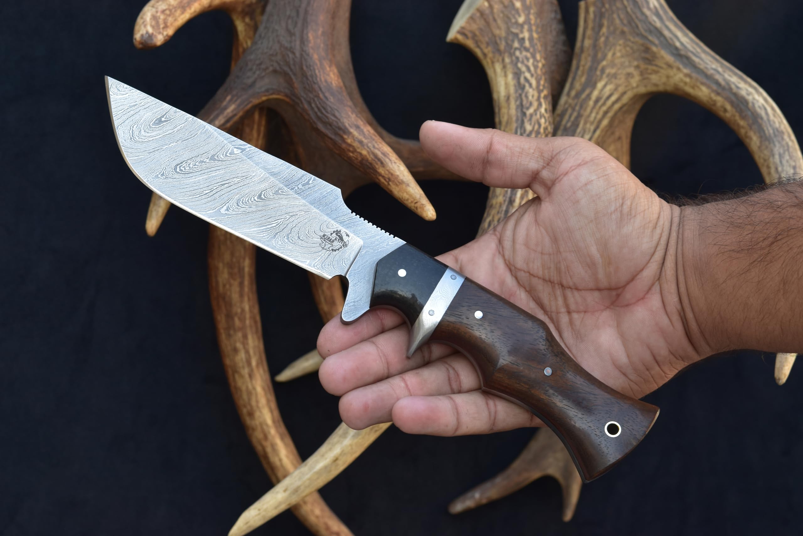 Knives Ranch Damascus Hunting Knife, Full Tang Camping Knife, Stabilized Rosewood & Burlap Micarta Handle, Heavy-Duty Leather Sheath (3153-IRW)