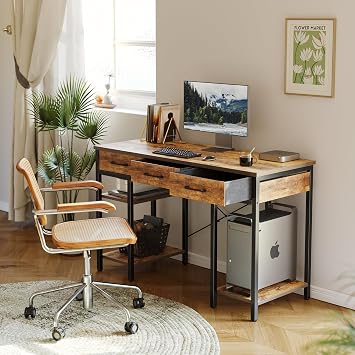 CubiCubi Computer Desk with 3 Drawers and Storage Shelves, 120cm Office Desk, Industrial Style Gaming Desk for Study, Bedroom, Living Room, Rustic Brown