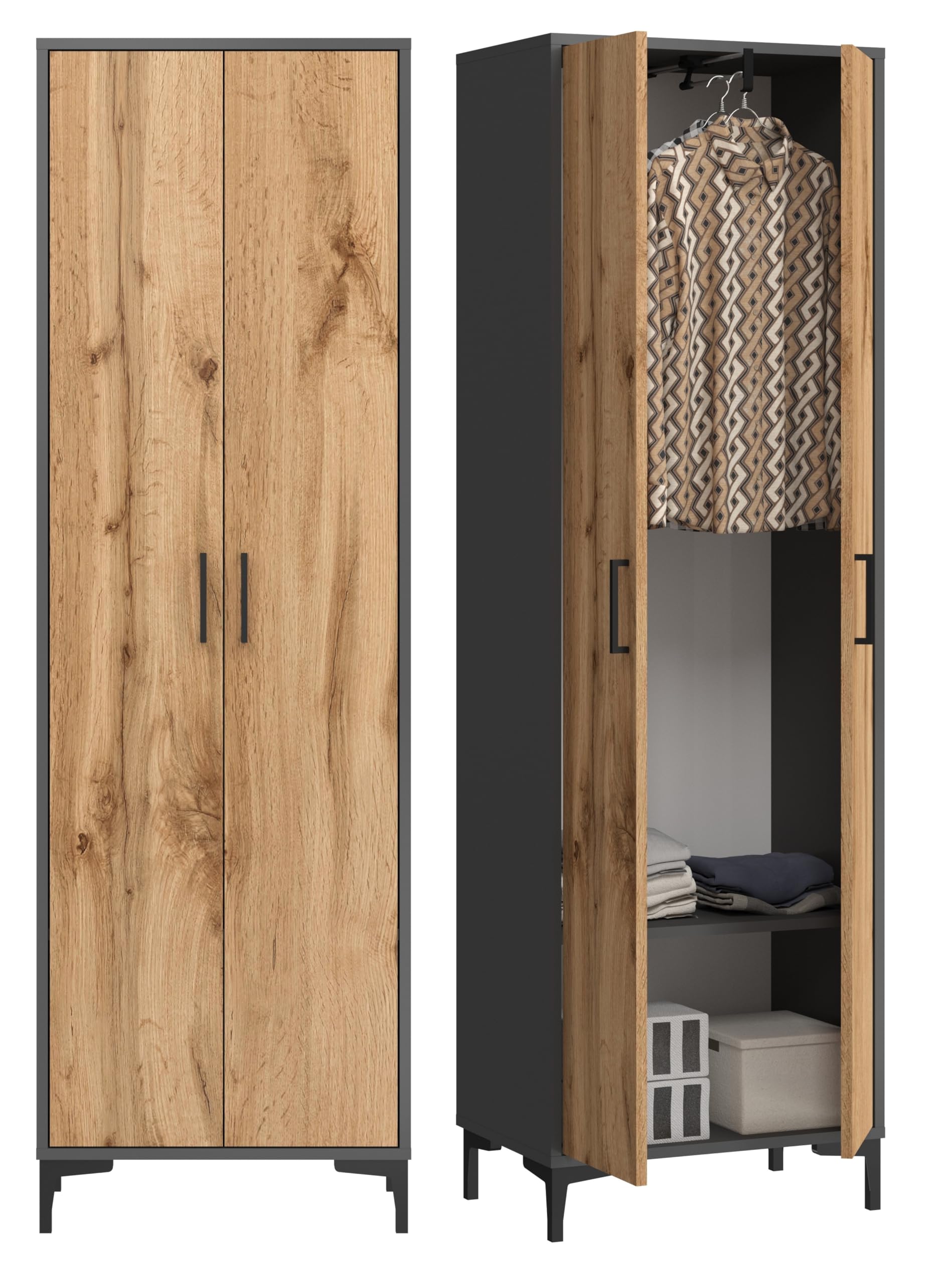 Kleiderschrank Garderobenschrank mit ausziehbarer Kleiderstange und einem Einlegeboden, Schrank für Flur Schlafzimmer Ankleide 192x60x35cm Grafit/Eiche Wotan