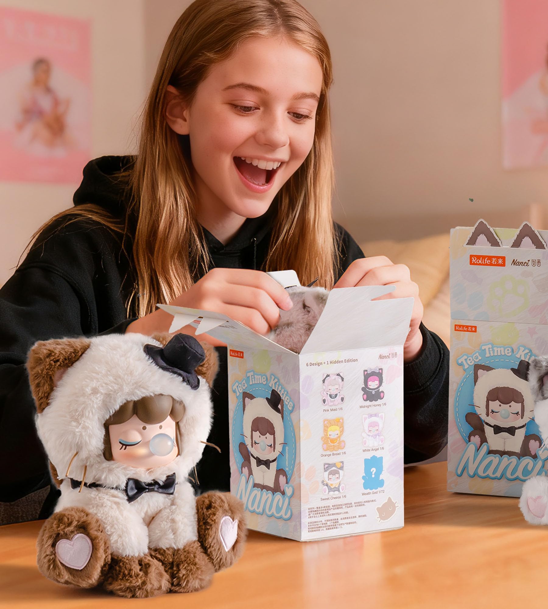 Rolife Teezeit Kätzchen Blind Box, 1 Zufällige Figur aus 6, Vinyl Plüschfigur 17cm, Plüsch Anime Actionfigur Sammlerfigur Spielzeug Geschenk Für Sammler