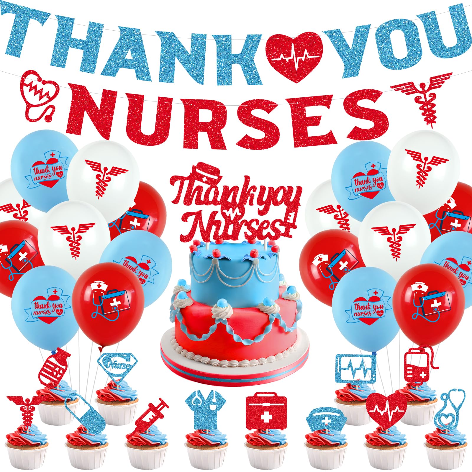 JOPARY Nurses Day Decoration Party Supplies Include 1pcs Pull Up Banner, 1pcs Cake Insert, 12pcs Small Inserts, 18pcs Balloons for Nurses Day Party