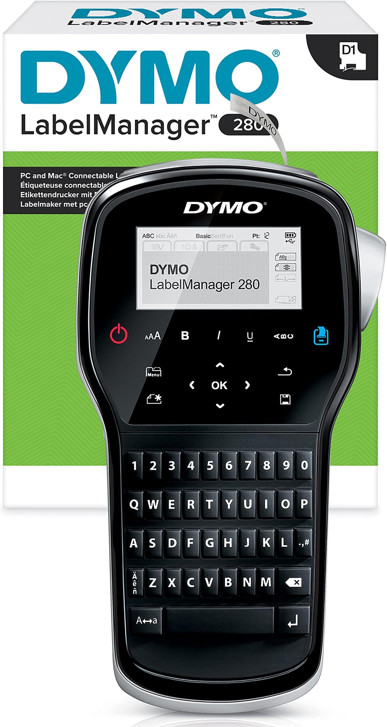 Dymo LabelManager 280 Label Maker | Rechargeable Handheld Label Printer with QWERTY Keyboard | Includes Black & White D1 Label Tape (12mm) | For Home & Office