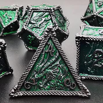 Metal Ejderha Zar Seti DND 7 Set Zar Rol Yapma Zar D&D Zindanlar ve Ejderhalar (Siyah Nikel Yeşili)