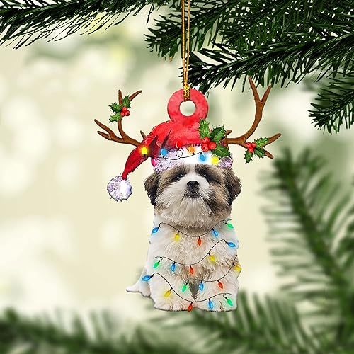 Talataca Shih Tzu - Sombrero de Navidad con renos con tira de luces 2D plana para espejo retrovisor para automóvil, accesorios para decoración de