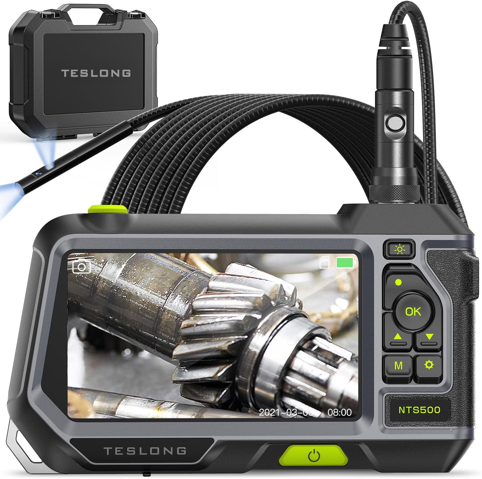 Teslong Dual Lens Borescope with Monitor, Newest 5inch HD LCD Screen Industrial Endoscope with 5.5mm Direct View Camera and Side View Camera, Waterproof Flexible Probe, LED Lights and Toolbox(3m)