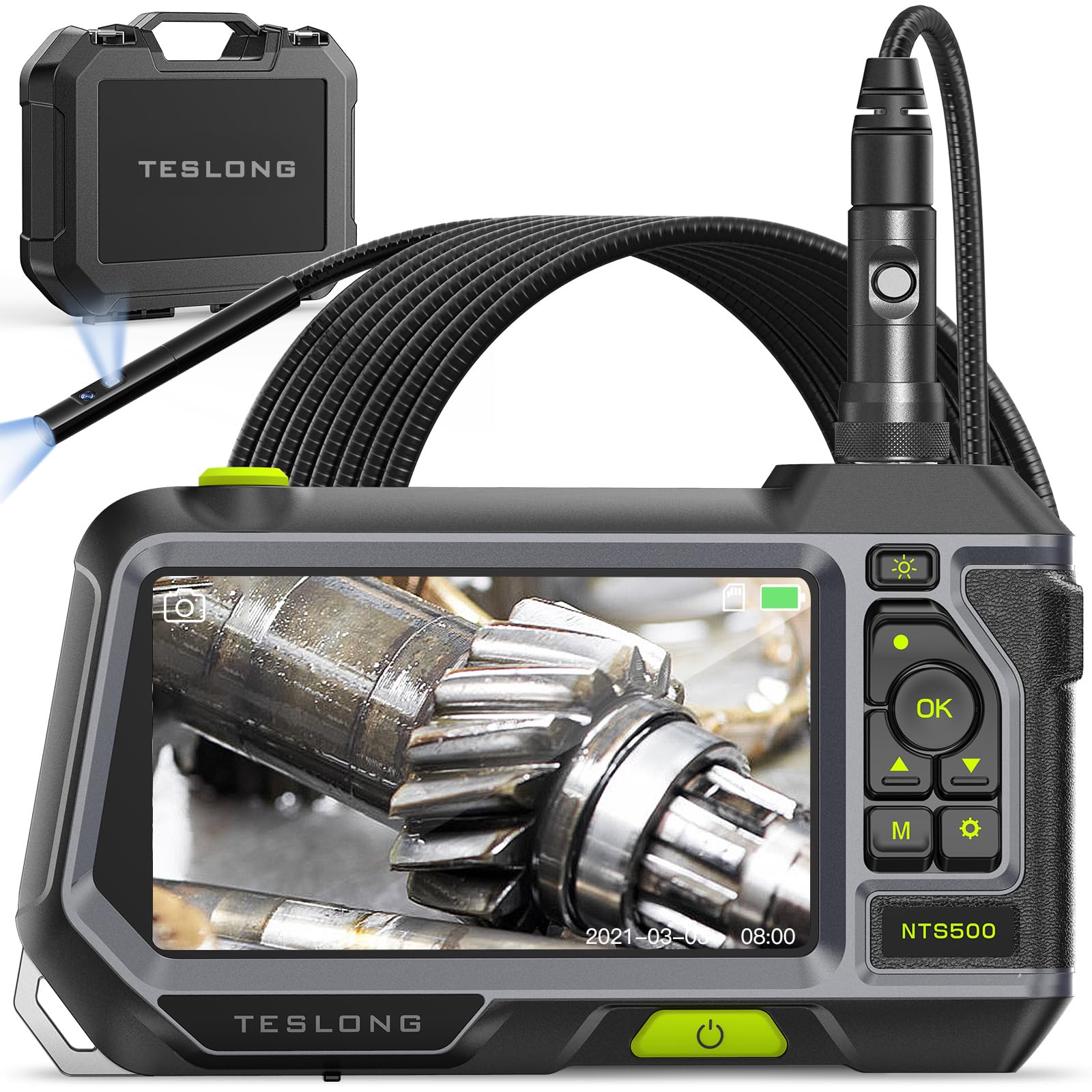 Teslong Borescope Inspection Camera 5" IPS Screen Endoscope Camera 1080P HD Inspection Camera with Light 16.5ft Semi-Rigid IP67 Waterproof Snake Camera Hard Plastic Case (Dual Lenses)