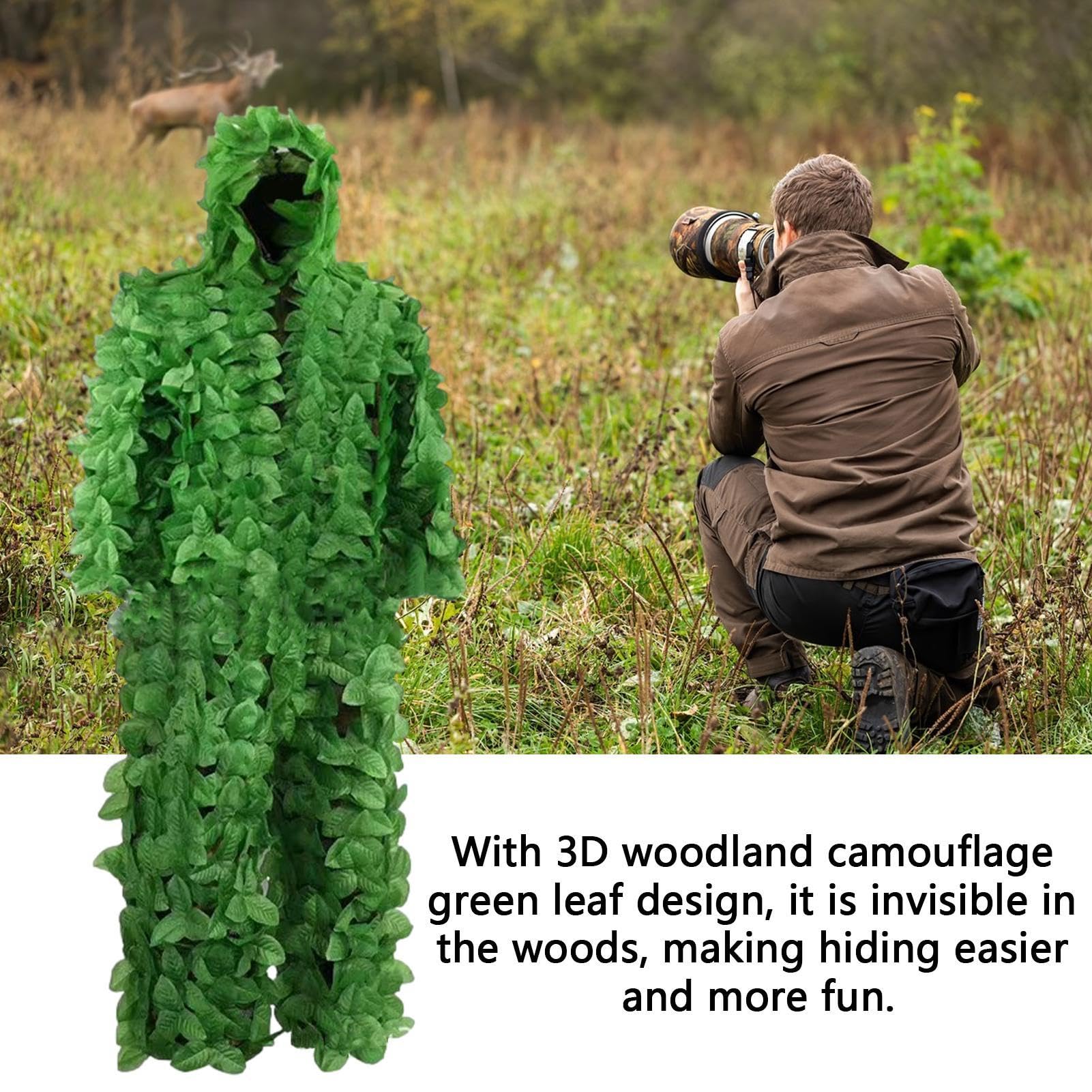 Ghillie - Tuta da Ghillie 3DLeaf con Foglia Mimetica, Costume da cecchino, Camouflage Wood Land Hunting Geely Suits, Foglia Mimetica con Vita Elastica Regolabile